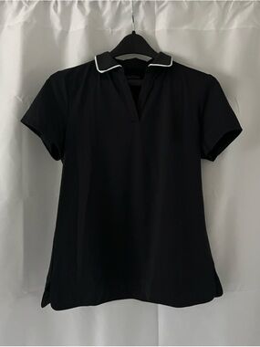 Kinona Black Short Sleeve Polo Top with White Piping Collar